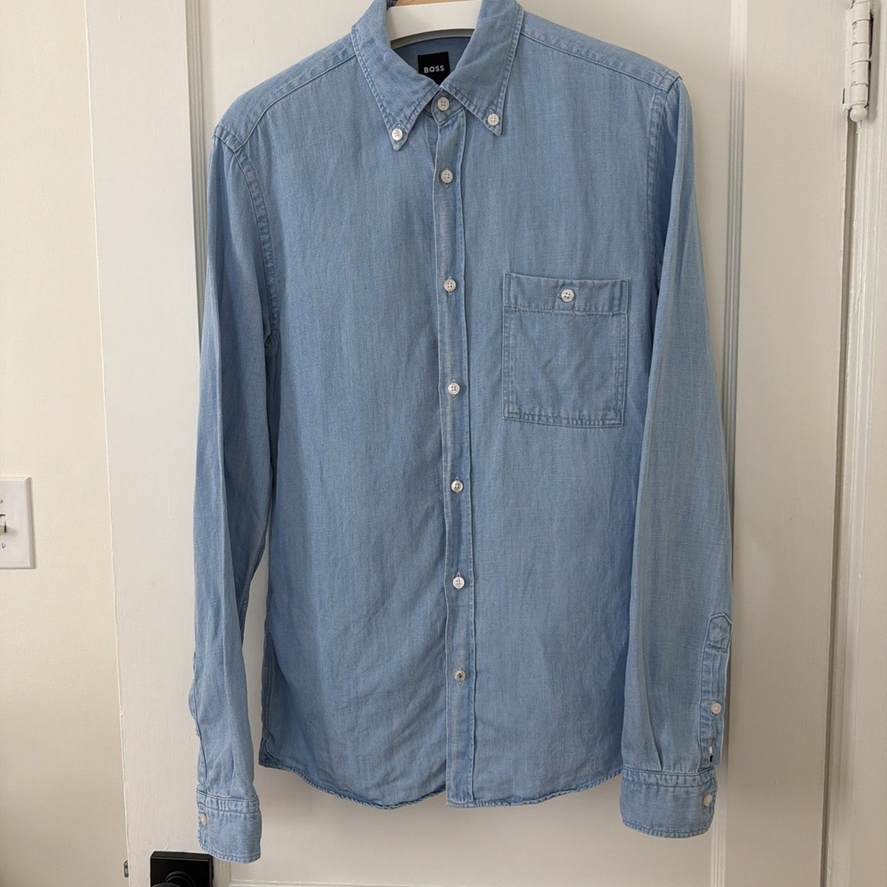 Hugo‎ Boss Slim Fit Linen Blend Chambray Button Down Shirt Mens Sm Blue Classic